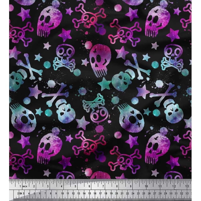 Soimoi Poly Georgette Fabric Star,Crossbones & Skull Halloween Printed Fabric 1 Yard 52 Inch Wide