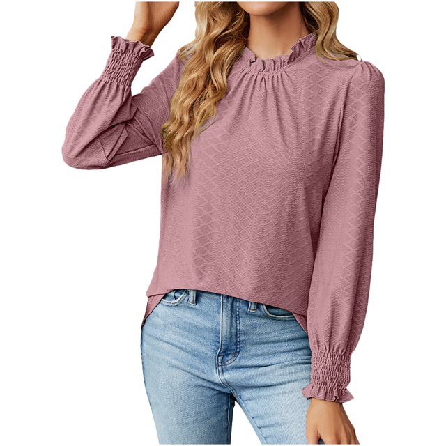 IROINNID en Solde Polyester T-Shirt à Manches Longues pour Femmes Confortable Col Rond Profond Uni Blouse Chemise Haut,Pink