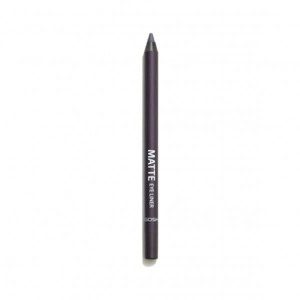 GOSH - Matte Eye Liner - 010 Black Violet is a slim pencil with a matte finish in deep black violet, featuring white printed text, designed for creamy, blendable application to create sharp or smokey eye looks, allergy certified and perfume free.