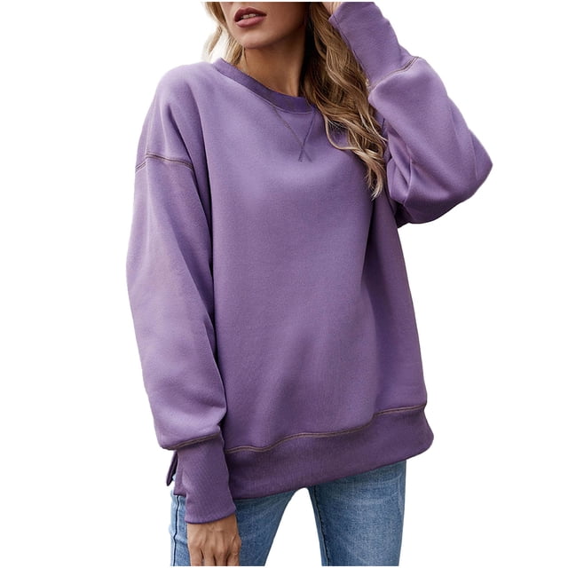 IROINID T-Shirt à Manches Longues en Polyester Réduit pour Femmes Chemises en Coton pour Femmes Quotidien Nouveau Bas Fendu en Molleton Col Rond Chandail avec Peluche et Chandail Épaissi, Violet