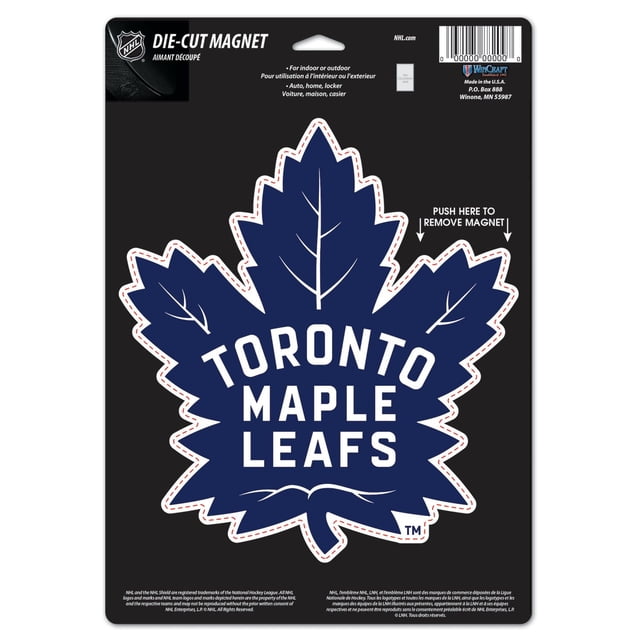 Maple Leafs de Toronto Logo Magnet Découpé à l'Emporte‐pièce 6,25 Pouces x 9 Pouces Montrant une Feuille d'Érable Bleue avec Texte « Maple Leafs de Toronto » Blanc, sur une Carte au Dos Noire avec Image de Marque LNH et WinCraft, Convient comme Magnet de Voiture Ou sur les surfaces de la Maison et du Casier, sous Licence Officielle.