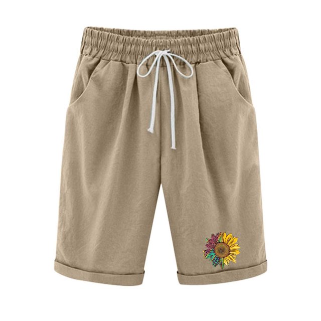 Summer Cotton Linen Shorts for Women Drawstring Elastic Waist Loose Fit Lounge Long Shorts Knee Length with Pockets