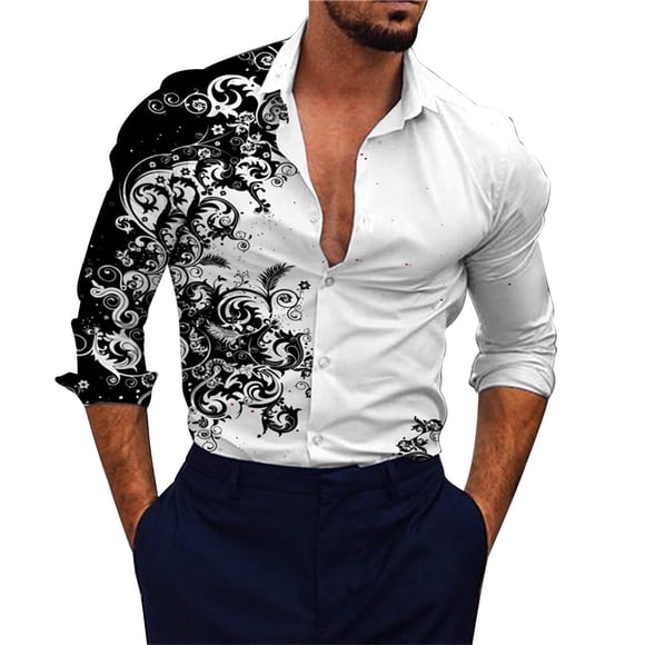 Ketyyh-chn99 Mens Dress Shirts Long Sleeve Fashion Fashion Trend 3d Digital Printing Men'S Loose Fitting Long Sleeved Shirt Black,XS