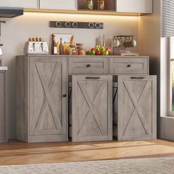 Homfa Crédence Buffet de Cuisine 47,2 Po L, Armoires pour Poubelle Adaptées à une Poubelle de 12,5 Gallons, Armoire de Rangement Buffet en Bois à 2 Tiroirs avec Tablette Ajustable, Gris Lavé