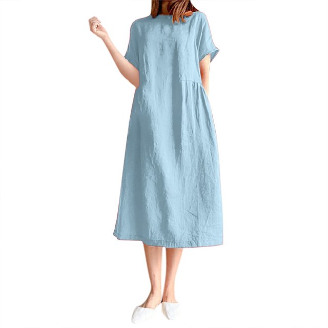 2025 Robes d'Été Courtes à Col Rond pour Femmes, Manches, Couleur Unie, Coupe Ample, Robe Portefeuille pour Femmes, Été, Ajustée, Mi-Longue