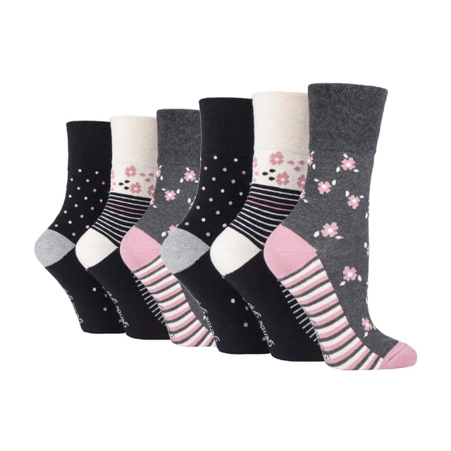 Gentle Grip - 6 Pairs Ladies Gentle Grip Non Elastic Crew Socks featuring a variety of floral, striped, and polka dot patterns in shades of black, grey, pink, and cream. These cotton-rich socks are designed with a HoneyComb Top for comfort, ideal for those with circulatory issues or swollen feet. The flat seamed toes enhance wearability, and the gentle grip tops prevent constriction marks while staying securely in place. Suitable for women and perfect for everyday wear.
