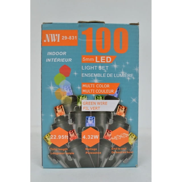 100 Lt 5Mm Led Indoor Light Set (Multi Bulbs) - Set of 2 with multicolored 5mm LED bulbs on green wire, 22.95 ft length, 4.32 watts power, featuring end-to-end connectors for indoor decorative lighting, suitable for Christmas and festive décor.