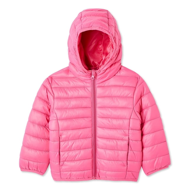 George Toddler Girls' Puffer Jacket in bright pink water-repellent quilted nylon with hood, long sleeves, full-zip closure, and two on-seam pockets, suitable for outdoor play and layering in toddler sizes 2T-5T.