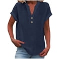 thumbnail image 1 of RKSTN Womens Summer Tops Fashion Cotton and Linen Buttons Going out Tops Basic Solid Color Shirts V-Neck Short Sleeve Loose Fit Pullover Tops, 1 of 5