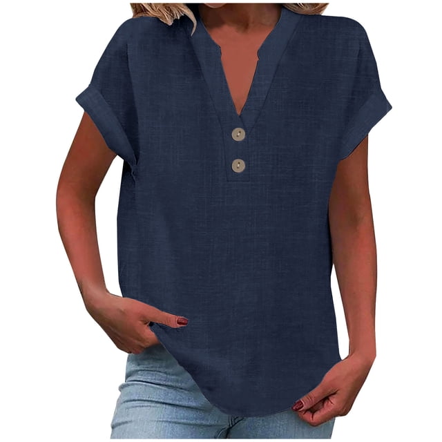 RKSTN Womens Summer Tops Fashion Cotton and Linen Buttons Going out Tops Basic Solid Color Shirts V-Neck Short Sleeve Loose Fit Pullover Tops