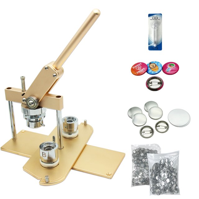 ChiButtons Kit 25mm (1") Button Maker Badge Press Machine-B400 + 25mm Round Die Moulds + 500 set Pin Button Components + Adjustable Circle Cutter (Golden)