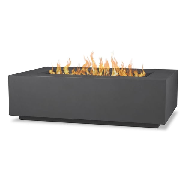 Aegean Large Rectangle Propane Gas fire table in Weathered Slate with natural gas conversion kit, featuring a rectangular powder-coated steel body in matte grey with a 50,000 BTU burner producing flames over red lava rocks, ideal for outdoor heating and ambience on patios or decks.