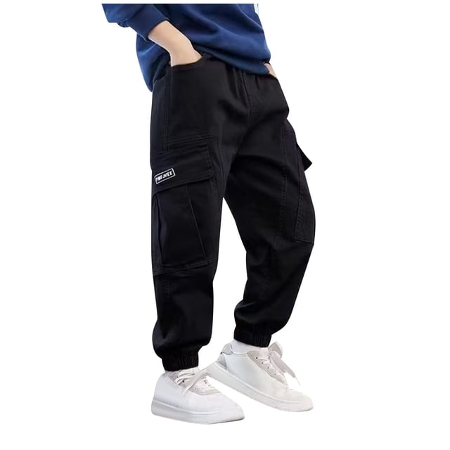 Work Pants for Boys, 100% Flax Fabric, Multiple Pockets, Loose Fit, Spring Season, Black, Size 110 (100 cm)