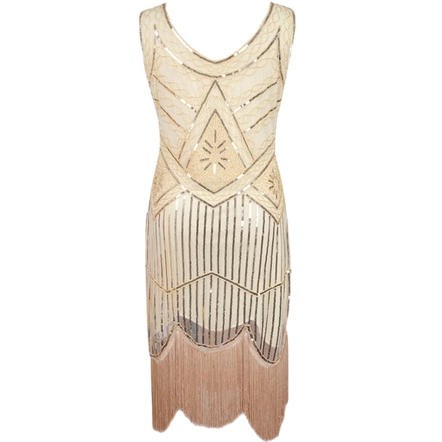 Plus Size Vintage 1920s Flapper Tassel Great Evening Party Cocktail Dress in a sleeveless design. The dress features intricate gold and beige sequin patterns with geometric and floral motifs, complemented by a fringe tassel hemline. Made of lightweight polyester, it is soft, breathable, and suitable for all seasons. Ideal for cocktail parties or vintage-themed events.