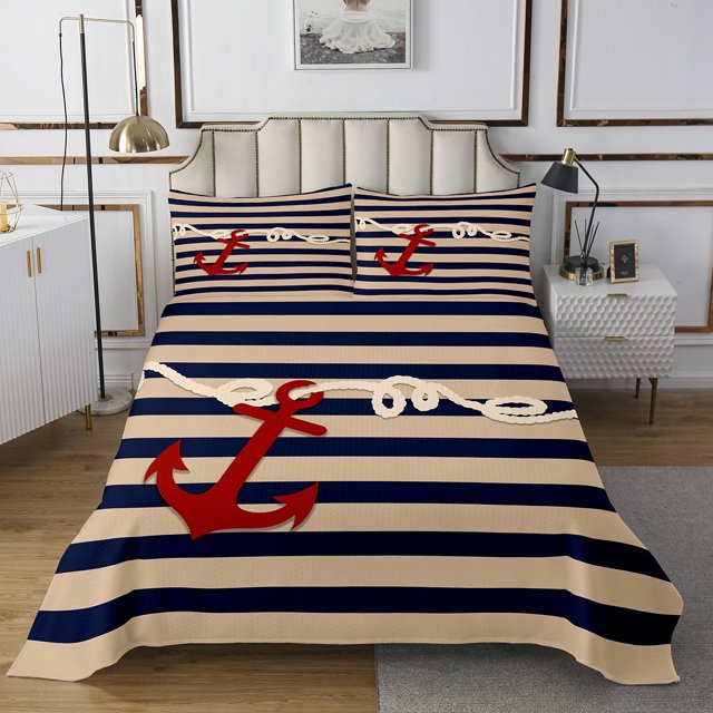 Erosebridal Nautical Anchor Coverlet Set King, Geometry Stripes Bedding Set, Sea Theme Decor, 3-Piece