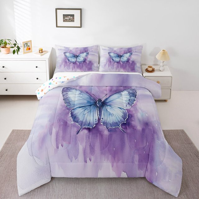 Erosebridal Ensemble de Literie Papillon Bleu Full, Couette Faune Mignonne, Décor Esthétique Violet, Réversible 3 Pcs