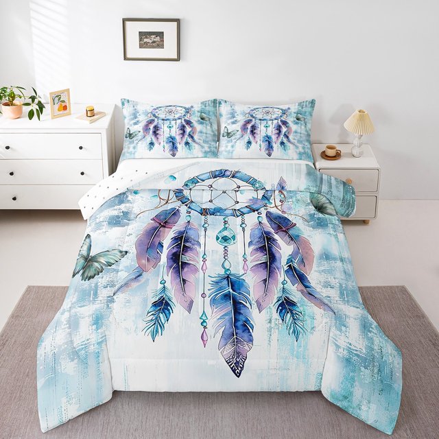 Parure de Lit Attrape-Rêves Bohème Format Simple pour Filles Femmes, Ensemble de Couette Ombré Bleu Simple, Insert de Couette Boho à Plumes Dégradées Chic Papillon, Courtepointe Couette, Literie Esthétique Abstraite Couettes et Ensembles