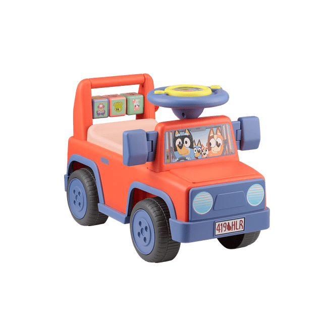 Bluey Licensed Interactive Ride-On Push Car for Boys and Girls, Foot-to-Floor, Ages 1-3, Orange, featuring a sturdy orange and blue plastic body with a beige seat, interactive blue and yellow steering wheel with Bluey voice sounds, and a backrest with colorful spinning blocks. The front windshield shows Bluey family characters, and the car has four black wheels with blue rims and side mirrors for safe toddler play.