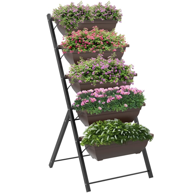Outsunny Jardinière Surélevée à 5 Niveaux avec Trous de Fuite pour l'Extérieur, Brun. une Jardinière Verticale avec Cinq pots en Plastique Brun Empilables Soutenus par un Cadre en Acier durable. Chaque Niveau Est Rempli de Fleurs Colorées, Mettant en Valeur Sa Conception Décorative et Peu Encombrante. Convient aux Jardins, Balcons, Terrasses et porches.