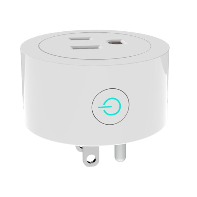 Gradateur d'Alimentation Wi-Fi Intelligent Prise 2,4 GHz Luminosité Wi-Fi Réglage Minuterie Prise US Compacte, design Cylindrique Blanc avec Bouton d'Alimentation Lumineux. Caractéristiques Incluant Commande Vocale, Réglage de Luminosité par Application de 0 à 100 %, et Capacités de Planification. Compatible avec DEL à Intensité Réglable, CFLs, Lumières Incandescentes et Ventilateurs. Conçu pour un type de Prise US avec Tension CA 120 V.