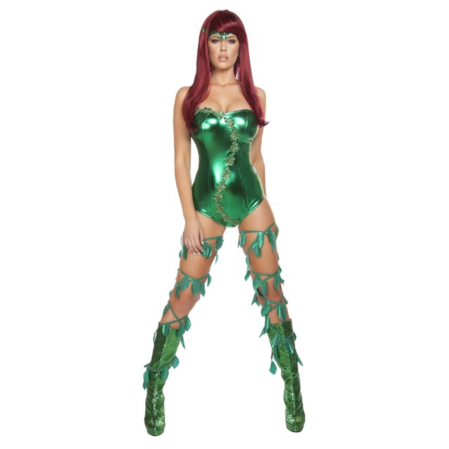 2pc Sexy Ivy Maiden costume in hunter green, featuring a strapless romper with elastic top edge and sequined vine detailing on the front. Includes a matching sequined headband with an elastic band. Made of 90% polyester and 10% spandex stretch knit fabric. Designed for women, this costume is ideal for Halloween or themed events.