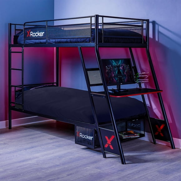 X Rocker Lit superposé Armada Twin over Twin Gaming avec bureau de jeu intégré, noir, Twin/Twin