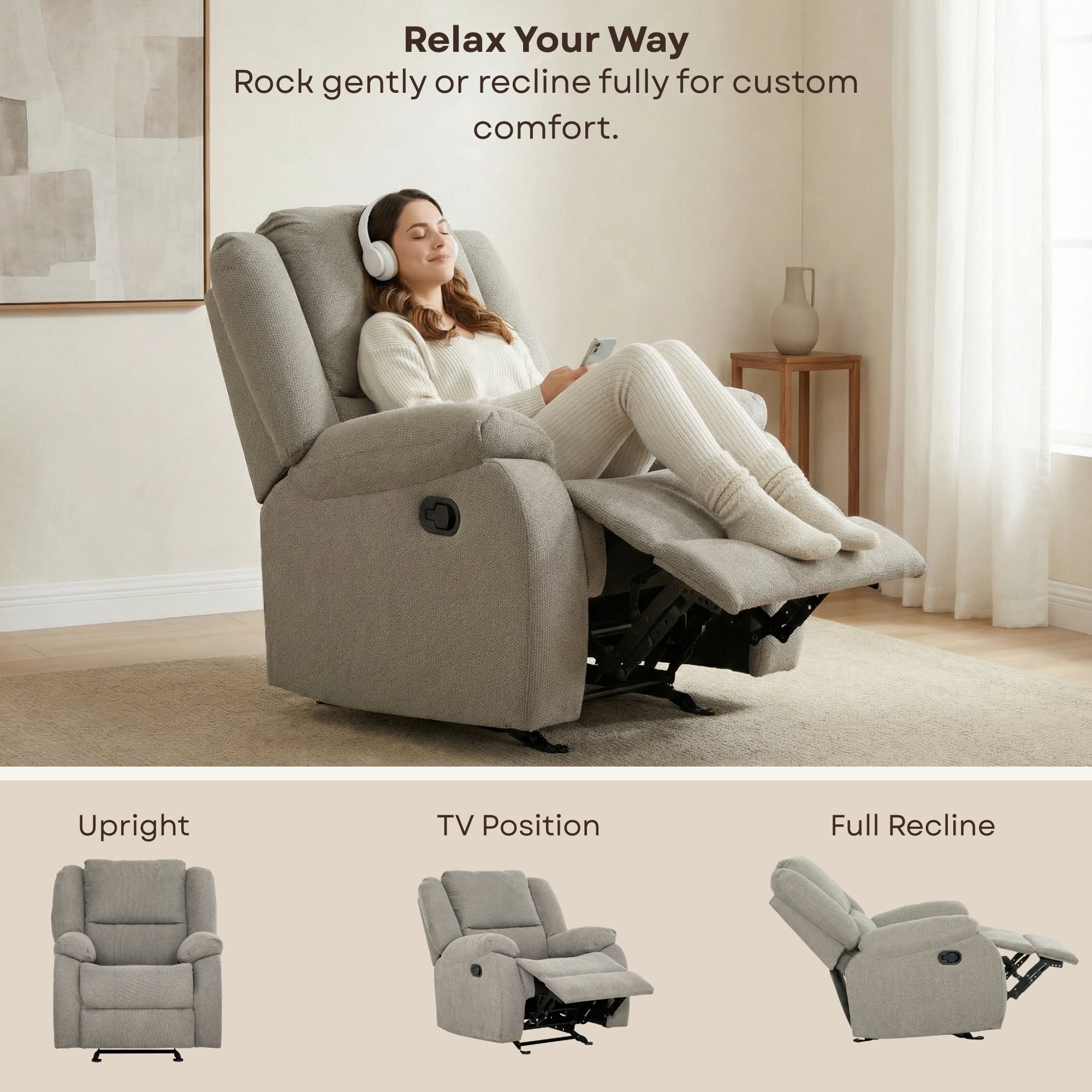 Fauteuil berçant inclinable Primo Amos – Fauteuil rembourré 36 po avec accoudoirs matelassés, mouvement berçant doux, tissu neutre – Pour salon