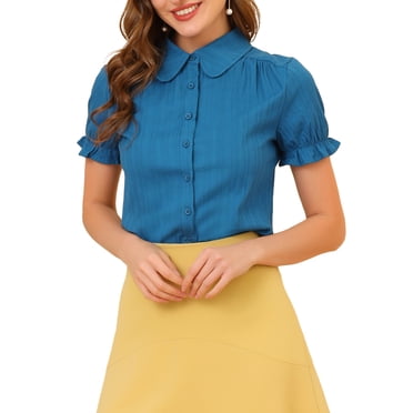 INSPIRE CHIC Women's Vintage Tops Peter Pan Collar Button Down Cotton Blouses Teal XS