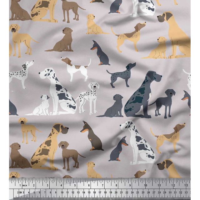 Soimoi Gray Moss Georgette Fabric Mix Dog Print Fabric by the Yard 44 Inch Wide