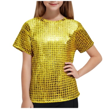 Diufon Girls Sparkly Tops Trendy Short Sleeve Glitter Party Top Performance Dance T-shirts for Teen Girl