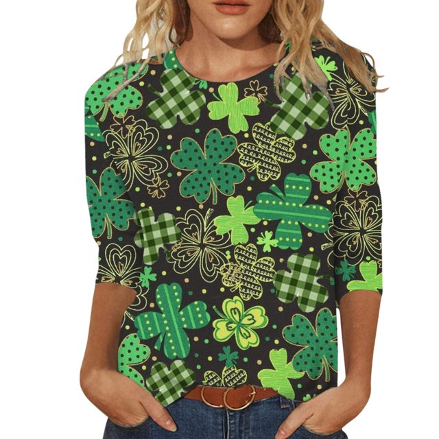 CEHVOM Mode Femme T-shirt Imprimé Saint-Patrick Manches 3/4 Blouse Col Rond Tops Décontractés Liquidation