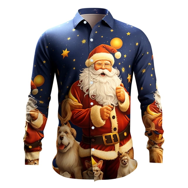 Kcodviy Mens Christmas Santa Digital Mesh Sleeve 3D Printed Button Lapel Button Down Long Sleeve Shirt Top Print Sleeve Turn Button Mens Button Down Pajama Shirt