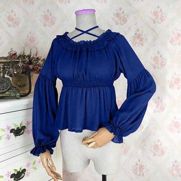 Women's Tops Sale Clearance! Blouse for Women Renaissance Blouse Top Cropped Long Puff Sleeve Medieval Victorian Loose Vintage Comfy Clothes New Blue S