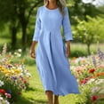 thumbnail image 2 of Pisexur Robes en Coton et Lin pour Femmes Décontractées Unies à Boutons Longues Robes Mode Col Rond Manches 3/4 Robe Maxi Fluide pour Quotidien, Travail, Plage P-2TG, Bleu, 2 of 9