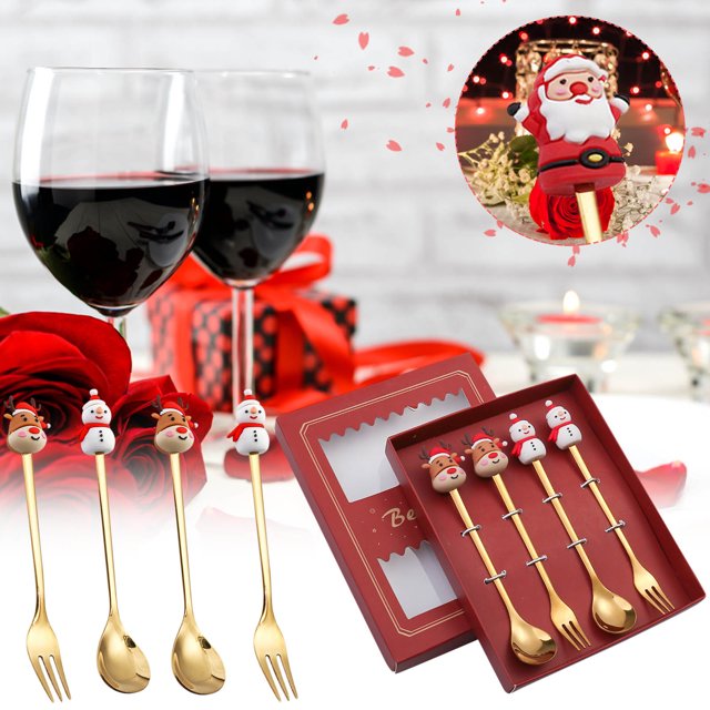 Meitianfacai Spoon And Fork Set Spoon-Fork Combo Set, 4PCS Stainless Steel Christmas Spoon Gift Set Dessert Spoon Fork Coffee Spoon Christmas Pendant Spoon Tableware Set