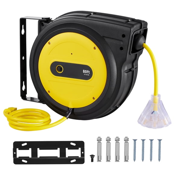 KFFKFF Enrouleur de Câble d'Alimentation Rétractable, 80 Pi, Cordon d'Extension Durable 12AWG/3C SJTOW avec Triple Prise Éclairée, Protection contre les Surcharges de 15 Amp, Support Rotatif à 180° pour Installation au Plafond/mur