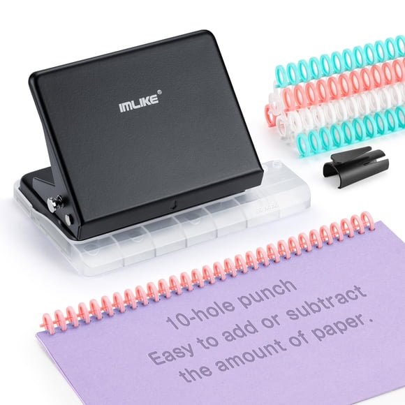 IMLIKE 10-Hole Binding Machine for Planners - Metal Manual Binding System with 10 Multi-Color 30-Hole Loose Leaf Binding Spines - Punches 26 Holes on B5, 30 Holes on A4,