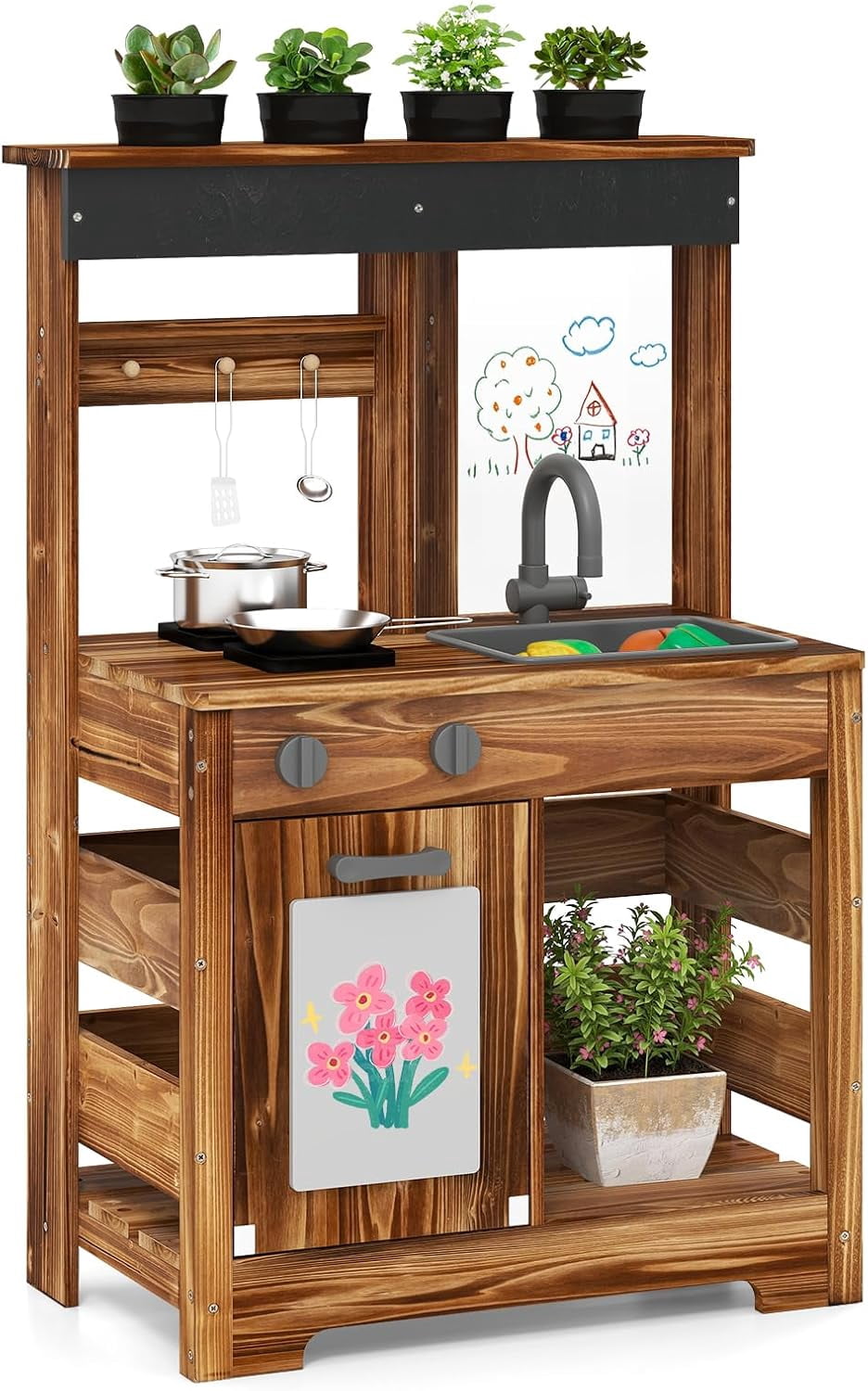 OLAKIDS Mud Kitchen, Outdoor Play Kitchen with Drawing Board, 4 Cups, Removable Sink, Storage, Cooking Accessories, Wooden Kids Kitchen Playset Gift for Boys Girls Ages 3+
