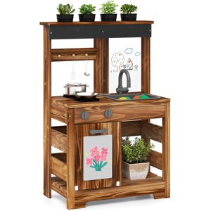 OLAKIDS Mud Cuisine, Cuisine de jeux d'extérieur avec tableau de dessin, 4 Coupes, Évier amovible, Entreposage, Accessoires de cuisine, Ensemble de jeux de cuisine pour enfants en bois Cadeau pour garçons 3+