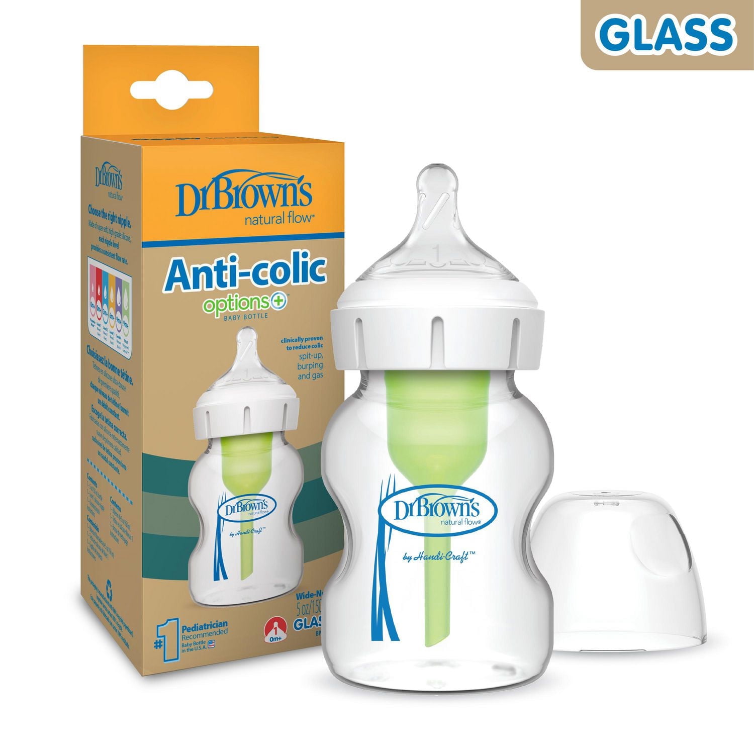 Dr. Brown's Natural Flow Anti-Colic Options+ Wide-Neck Glass Baby Bottle mL, with Level 1 Slow Flow Nipple, 0m+