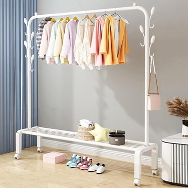 SUSUZI 51” Single Rod Clothes Rack, Heavy-Duty Garment Rack with Wheels, Closet Organizer with 6 Hooks & Bottom Storage, White