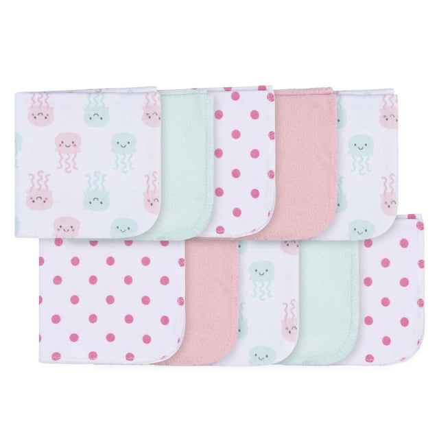 Parent's Choice Débarbouillettes, Filles, Lot de 10 Débarbouillettes en Coton Éponge Doux 9 X 9 Po en Rose pastel, Vert Menthe et Blanc avec Imprimés de Méduses et de Pois Roses, Idéal pour une Utilisation Douce dans le Bain de Bébé et comme Essentiels de Bain.