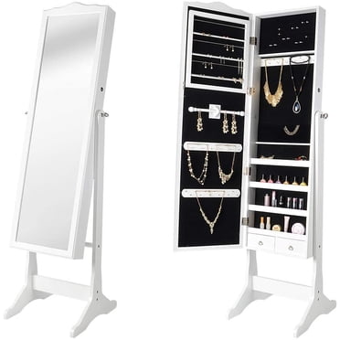 Armoire à Bijoux en Bois Verrouillable, Armoire de Sol pour Bijoux et Cosmétiques avec Miroir, Coffre Garde-Robe Organisateur de Rangement avec Porte Miroir