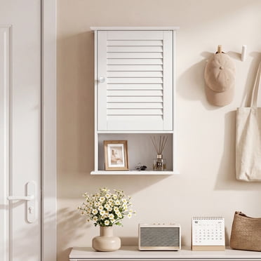 Gymax Bathroom Wall Cabinet Single Louvered Door Medicine Cabinet w/ Open Shelf & Adjustable Inner Shelf White