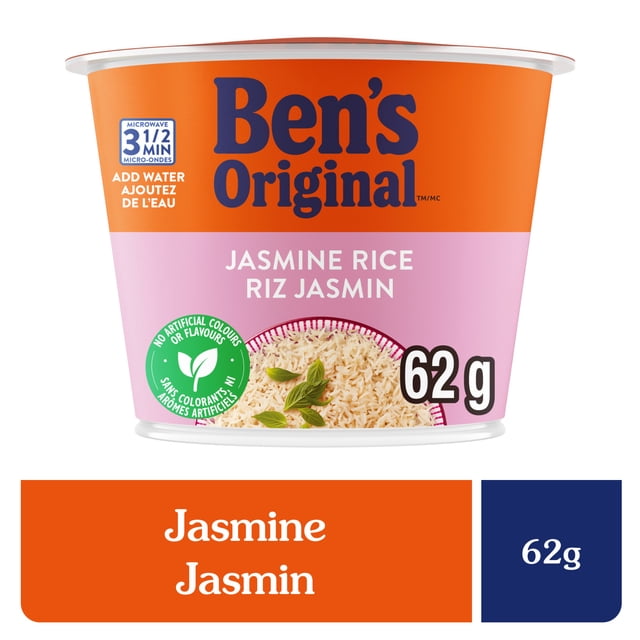 BEN'S ORIGINAL™ Jasmine Rice Single Serve Cup, 62g, in orange and pink packaging, microwaveable in 3.5 minutes with added water, contains no artificial colours or flavours, suitable as a quick snack or convenient side for busy days.
