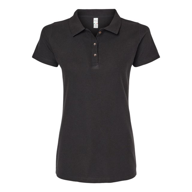 M&O 7600 Women's Ringspun Polo in a dark colour, made from 11.3 oz., 100% preshrunk ring-spun cotton. Features a contoured fit, welt collar, taped shoulder to shoulder, and double-needle topstitched collar, cuffs, and hem. Designed with side seams and is NAFTA compliant.