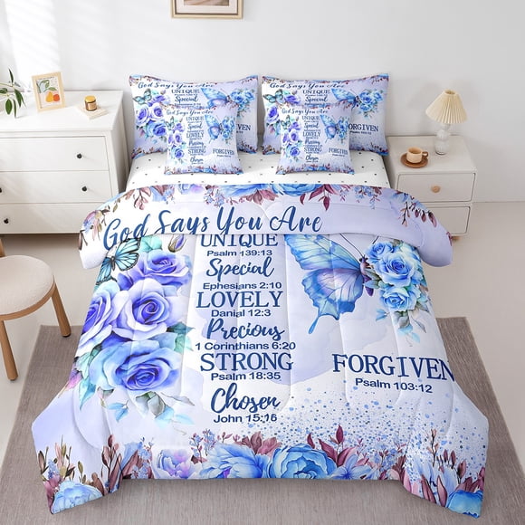 Erosebridal Blue Butterfly Bedding Queen Size, Inspirational Quotes Comforter Sets with Sheets, Rose Floral Decor, 7pcs