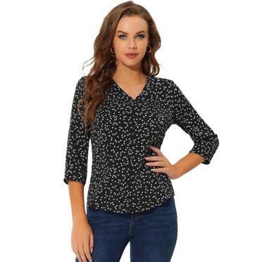 INSPIRE CHIC Blouse pour Femme Col en V Manches 3/4 Pois Imprimé Cœur Haut à Boutons devant Noir-Cœur TP