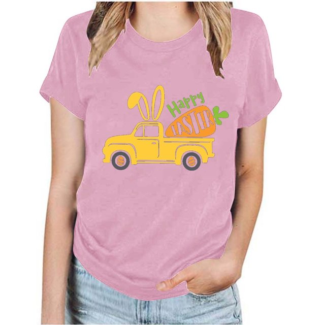 RKSTN Hauts Grande Taille pour Femmes Mode Été 2024 Col Rond Manches Courtes T-shirt Décontracté Ample Imprimé Graphique Voiture de Pâques