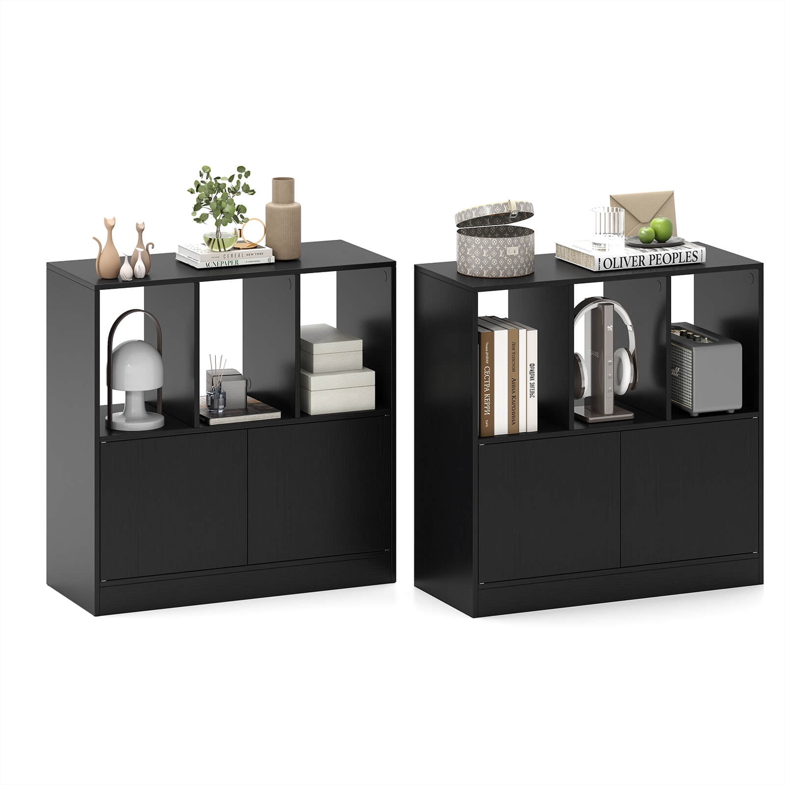 Costway 2 PCS Bookshelf with Cabinet, 3-Cube Bookcase, 3-Tier Book Shelf for Living Room Black